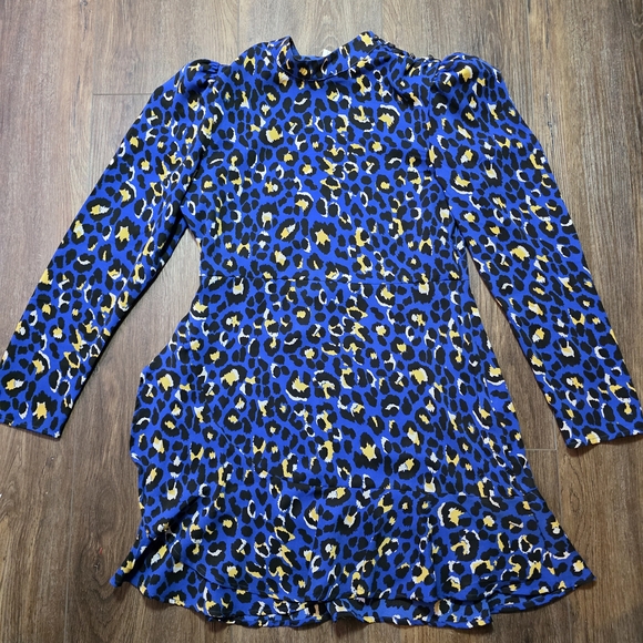 Rahi Sophie Blue Leopard Print Long Sleeve Mini Dress L Puff Shoulder Mock Neck - Picture 8 of 15